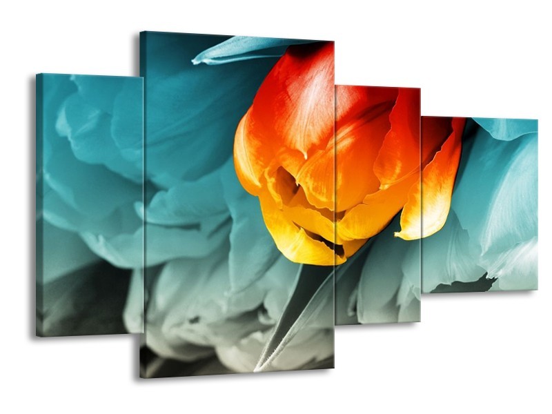 Canvas schilderij Tulp | Oranje, Rood, Blauw | 120x75cm 4Luik