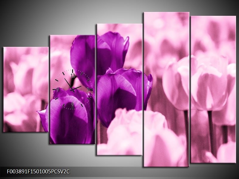 Klok schilderij Tulp | Paars, Wit, Zwart | 150x100cm 5Luik