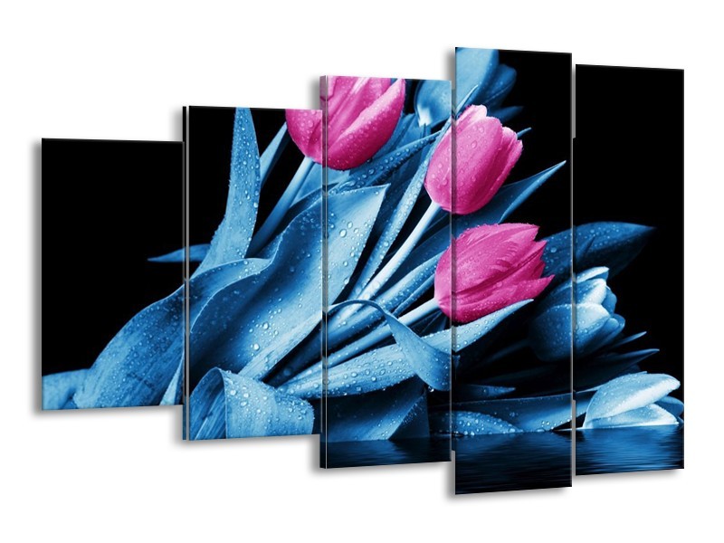Canvas schilderij Tulp | Paars, Blauw, Zwart | 150x100cm 5Luik