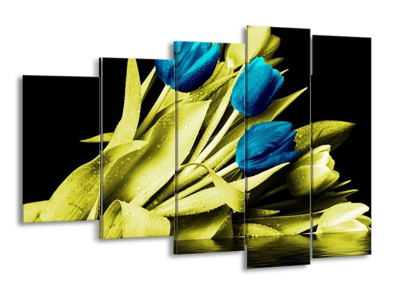 Canvas schilderij Tulp | Blauw, Groen, Zwart | 150x100cm 5Luik