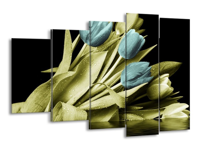Canvas schilderij Tulp | Blauw, Groen, Zwart | 150x100cm 5Luik