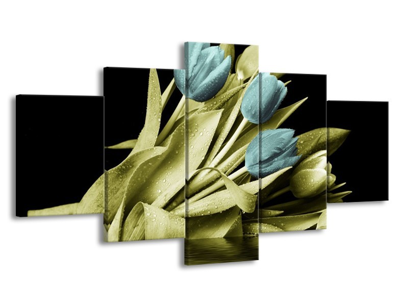 Canvas schilderij Tulp | Blauw, Groen, Zwart | 150x80cm 5Luik