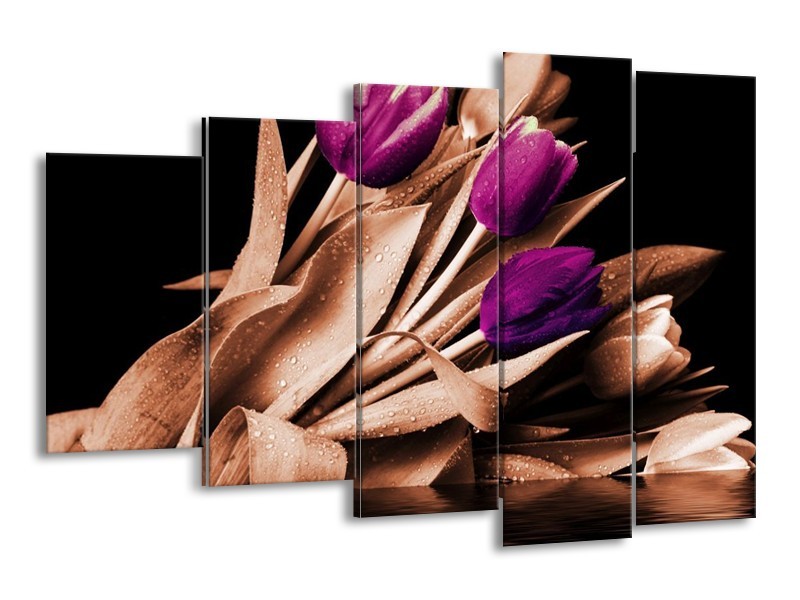Canvas schilderij Tulp | Bruin, Paars, Zwart | 150x100cm 5Luik