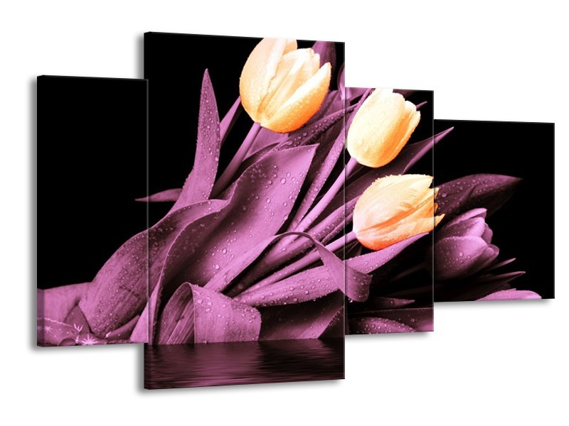 Canvas schilderij Tulp | Oranje, Paars, Zwart | 120x75cm 4Luik