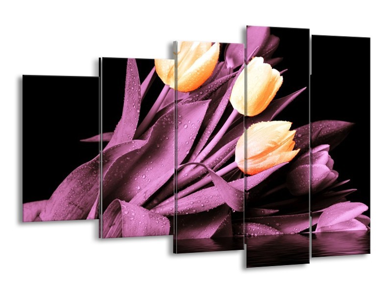 Canvas schilderij Tulp | Oranje, Paars, Zwart | 150x100cm 5Luik