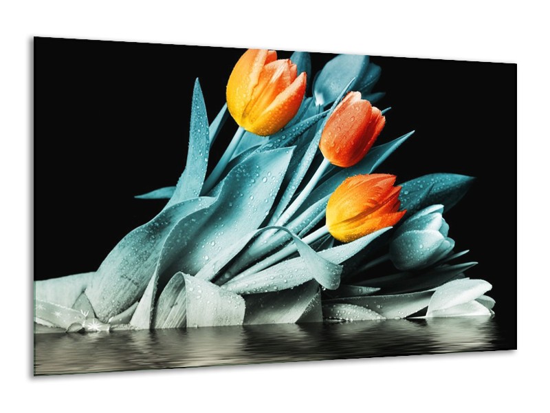 Canvas schilderij Tulp | Oranje, Blauw, Zwart | 120x70cm 1Luik