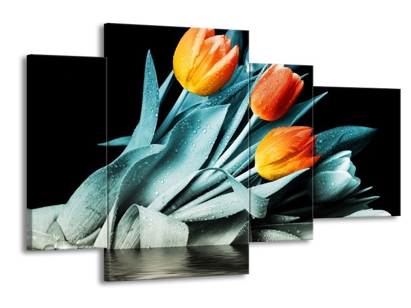 Canvas schilderij Tulp | Oranje, Blauw, Zwart | 120x75cm 4Luik