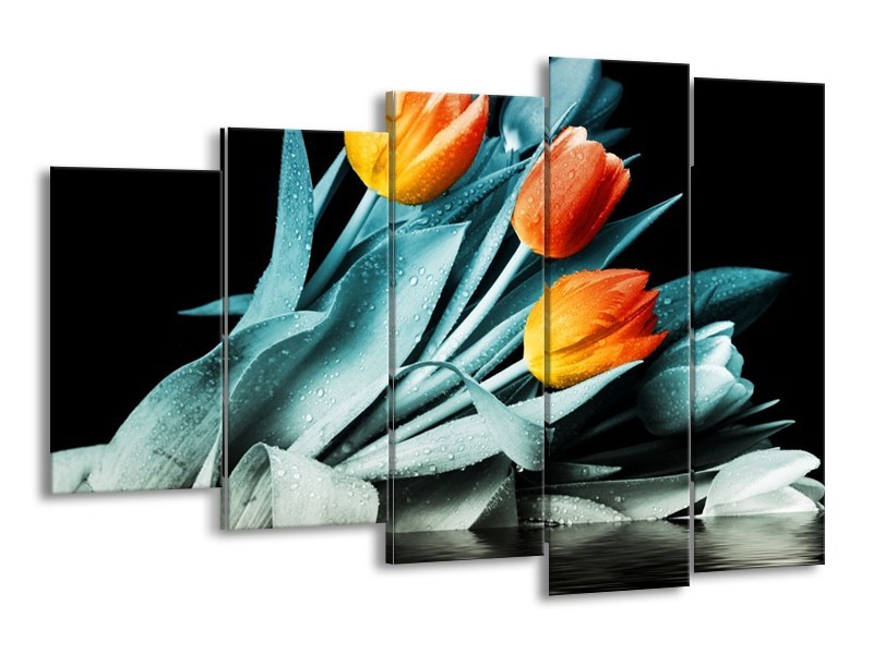 Canvas schilderij Tulp | Oranje, Blauw, Zwart | 150x100cm 5Luik