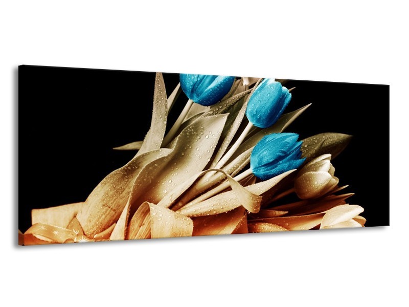 Canvas schilderij Tulp | Blauw, Zwart, Bruin | 145x58cm 1Luik