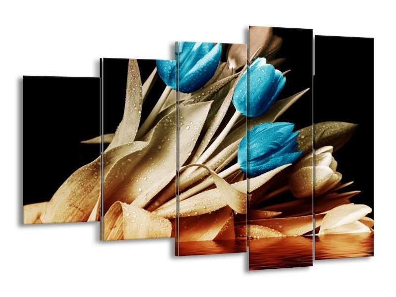 Canvas schilderij Tulp | Blauw, Zwart, Bruin | 150x100cm 5Luik