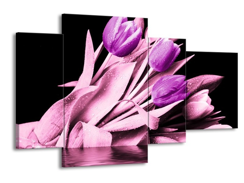 Canvas schilderij Tulp | Paars, Zwart | 120x75cm 4Luik
