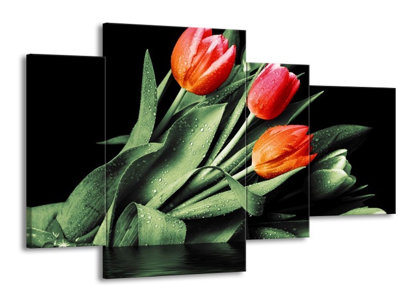 Canvas schilderij Tulp | Rood, Oranje, Groen | 120x75cm 4Luik