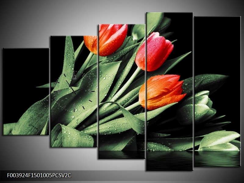 Klok schilderij Tulp | Rood, Oranje, Groen | 150x100cm 5Luik