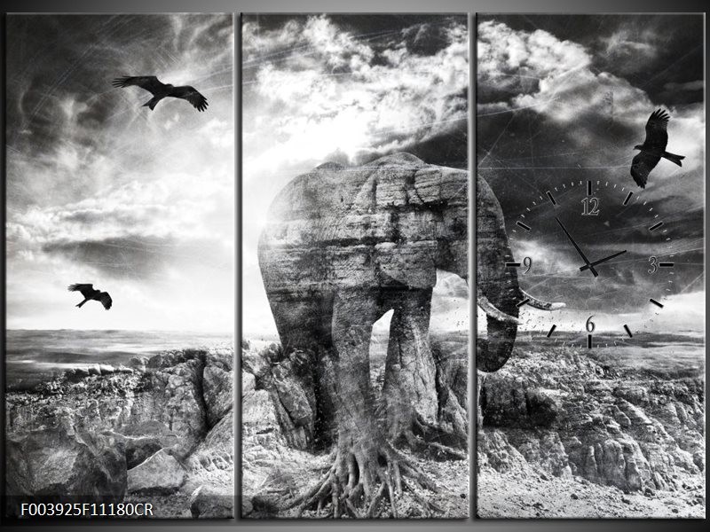 Klok schilderij Olifant | Grijs, Zwart, Wit | 111x80cm 3Luik