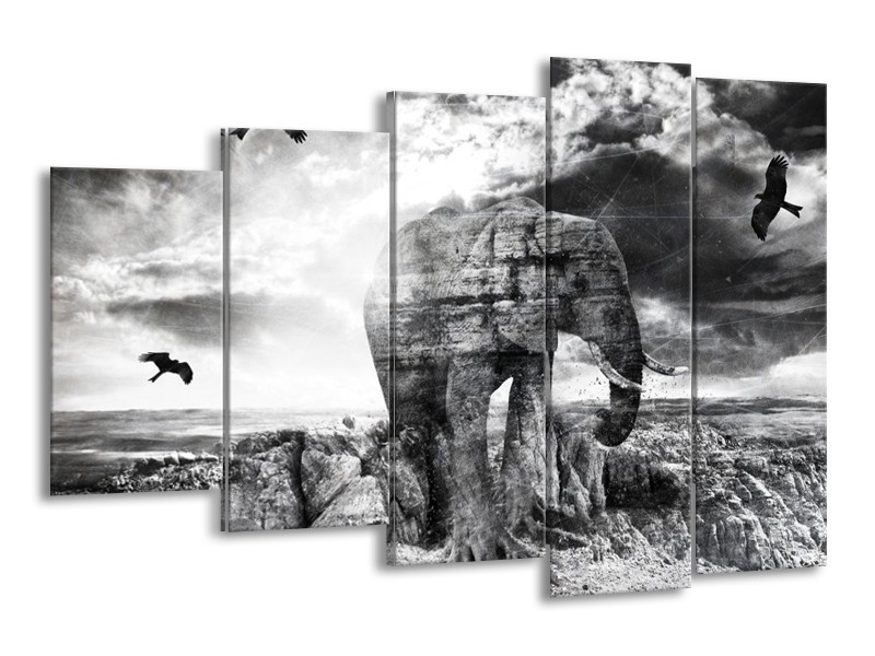 Canvas schilderij Olifant | Grijs, Zwart, Wit | 150x100cm 5Luik