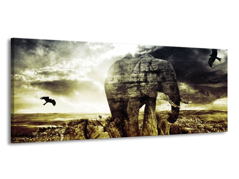 Canvas schilderij Olifant | Groen, Geel, Grijs | 145x58cm 1Luik
