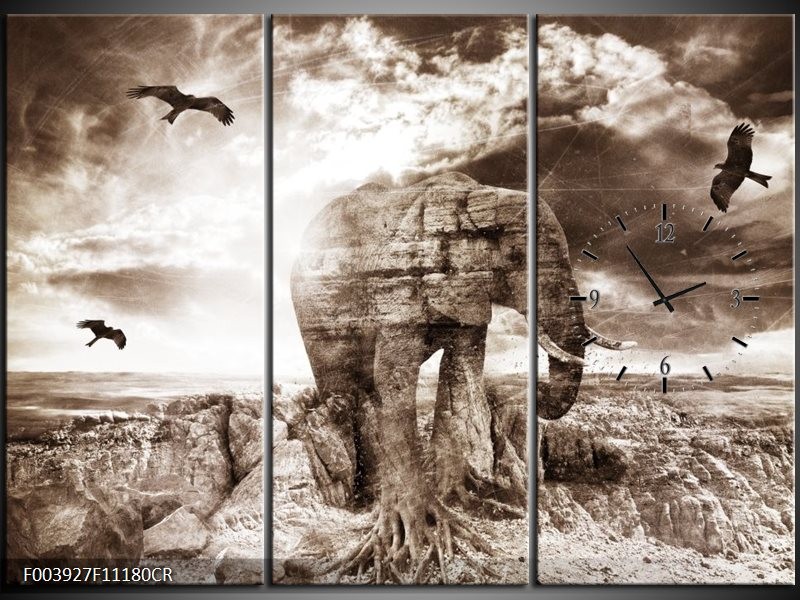 Klok schilderij Olifant | Grijs, Wit | 111x80cm 3Luik