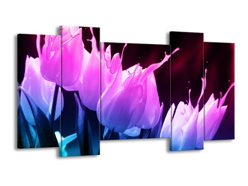 Canvas schilderij Tulp | Paars, Roze, Blauw | 120x65 5Luik