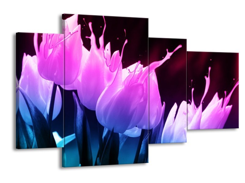 Canvas schilderij Tulp | Paars, Roze, Blauw | 120x75cm 4Luik