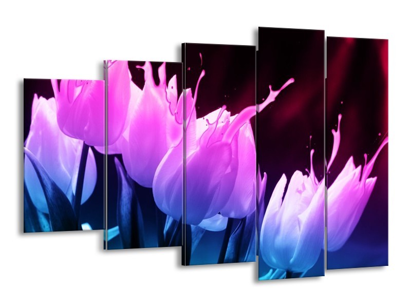 Canvas schilderij Tulp | Paars, Roze, Blauw | 150x100cm 5Luik