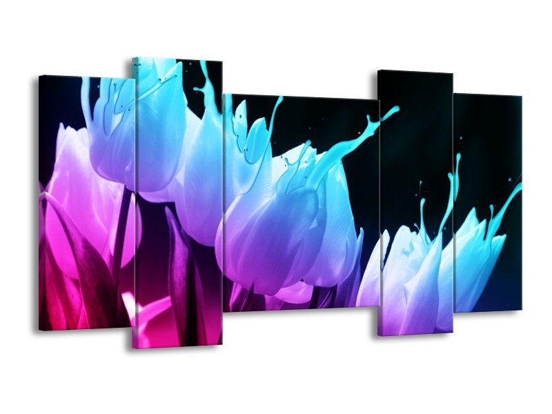 Canvas schilderij Tulp | Blauw, Paars, Roze | 120x65 5Luik