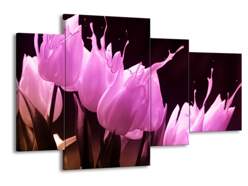 Canvas schilderij Tulp | Roze, Zwart | 120x75cm 4Luik