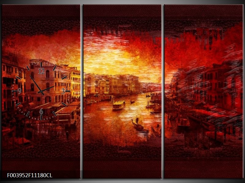 Klok schilderij Steden | Rood, Geel, Zwart | 111x80cm 3Luik