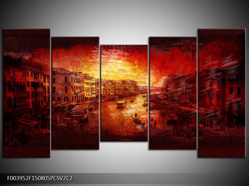 Klok schilderij Steden | Rood, Geel, Zwart | 150x80cm 5Luik