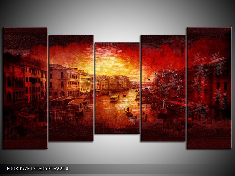 Klok schilderij Steden | Rood, Geel, Zwart | 150x80cm 5Luik