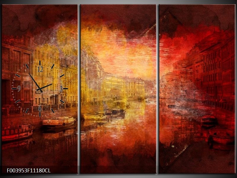 Klok schilderij Steden | Rood, Geel, Zwart | 111x80cm 3Luik