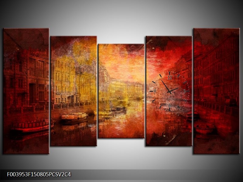 Klok schilderij Steden | Rood, Geel, Zwart | 150x80cm 5Luik