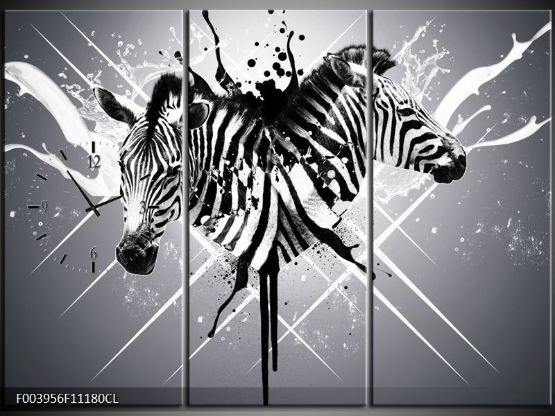 Klok schilderij Zebra | Zwart, Wit, Grijs | 111x80cm 3Luik