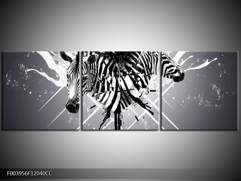 Klok schilderij Zebra | Zwart, Wit, Grijs | 120x40cm 3Luik