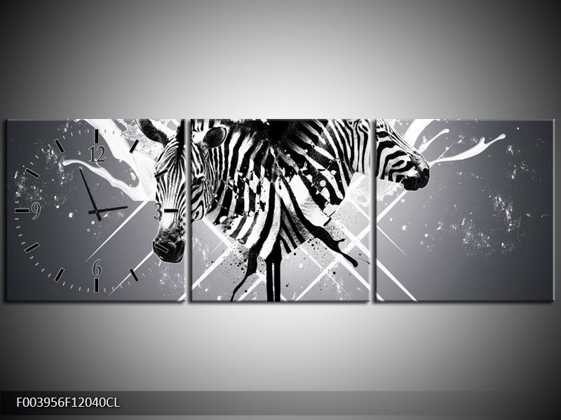 Klok schilderij Zebra | Zwart, Wit, Grijs | 120x40cm 3Luik