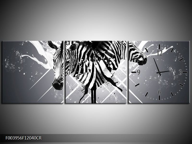 Klok schilderij Zebra | Zwart, Wit, Grijs | 120x40cm 3Luik