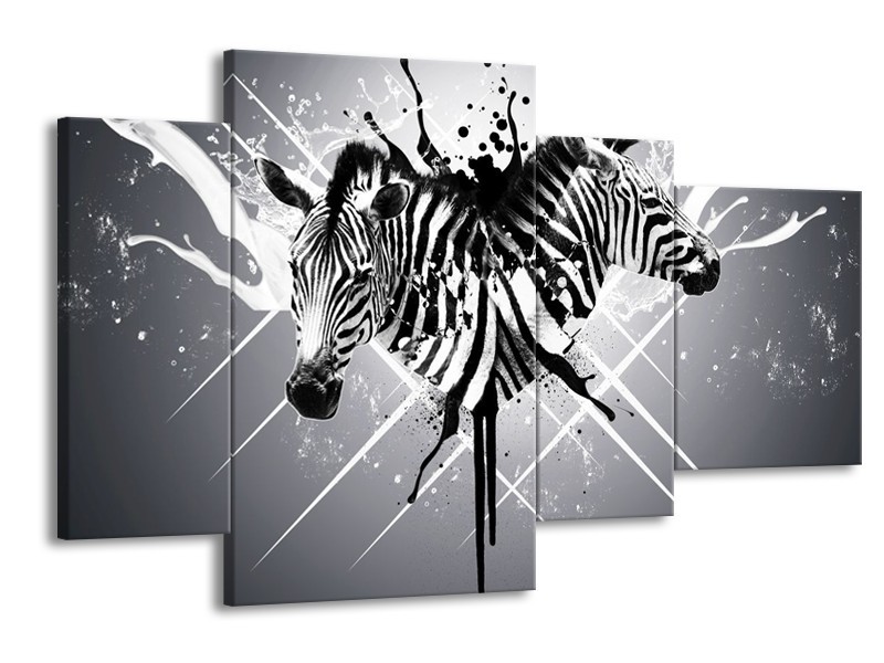 Canvas schilderij Zebra | Zwart, Wit, Grijs | 120x75cm 4Luik
