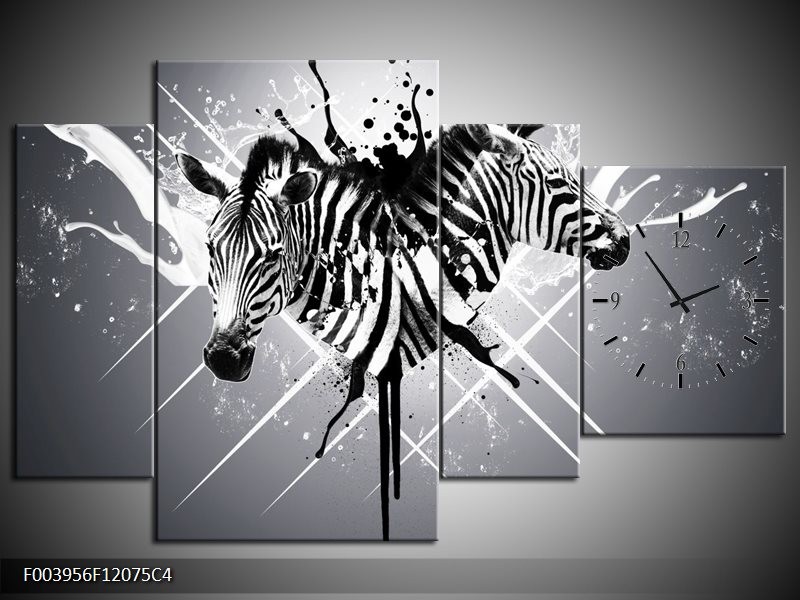 Klok schilderij Zebra | Zwart, Wit, Grijs | 120x75cm 4Luik