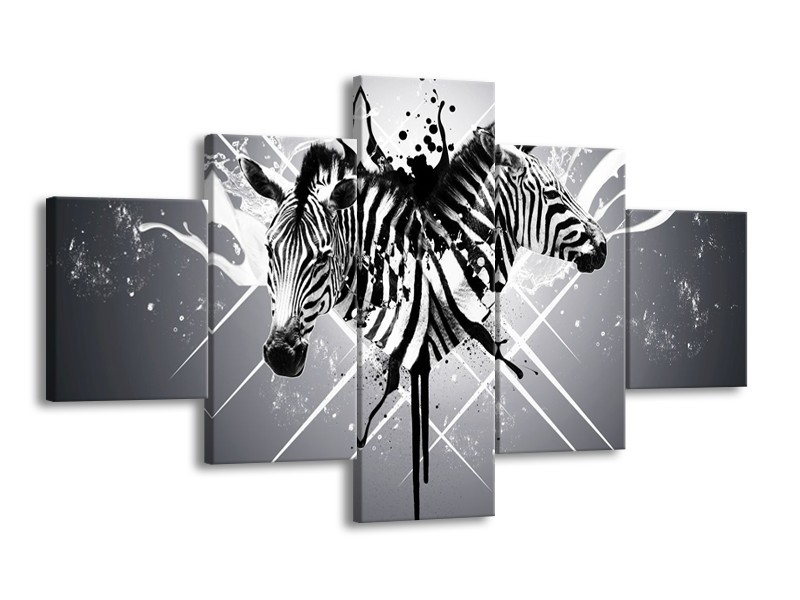 Canvas schilderij Zebra | Zwart, Wit, Grijs | 125x70cm 5Luik