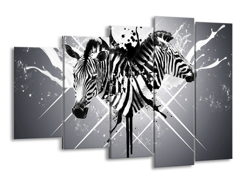 Canvas schilderij Zebra | Zwart, Wit, Grijs | 150x100cm 5Luik