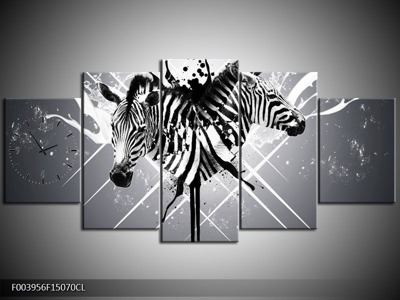 Klok schilderij Zebra | Zwart, Wit, Grijs | 150x70cm 5Luik