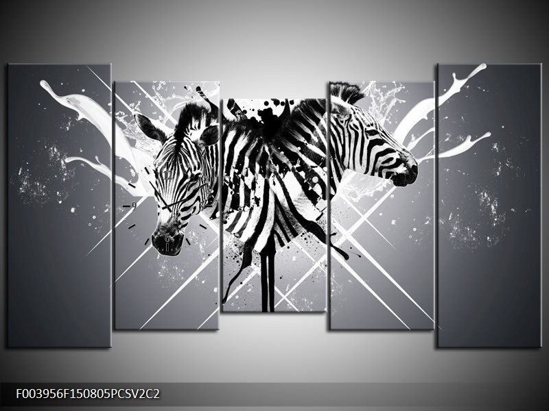Klok schilderij Zebra | Zwart, Wit, Grijs | 150x80cm 5Luik