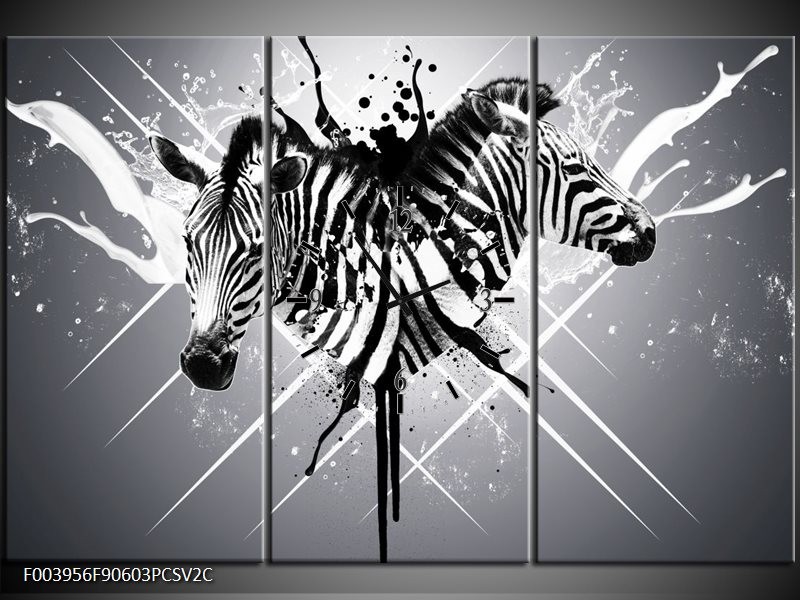 Klok schilderij Zebra | Zwart, Wit, Grijs | 90x60cm 3Luik