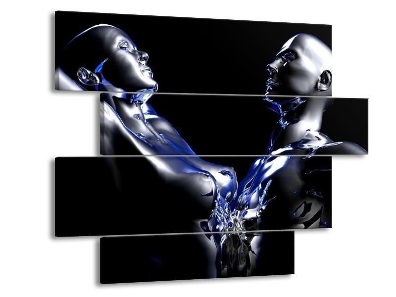 Canvas schilderij Abstract | Blauw, Zilver, Zwart | 115x85cm 4Luik