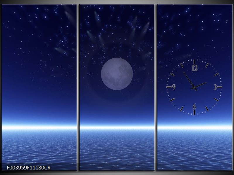 Klok schilderij Maan | Blauw, Wit, Grijs | 111x80cm 3Luik