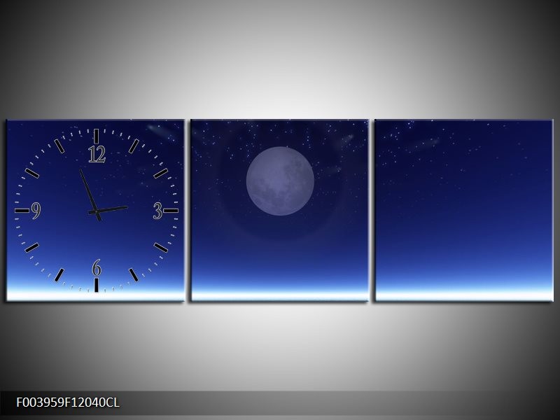 Klok schilderij Maan | Blauw, Wit, Grijs | 120x40cm 3Luik