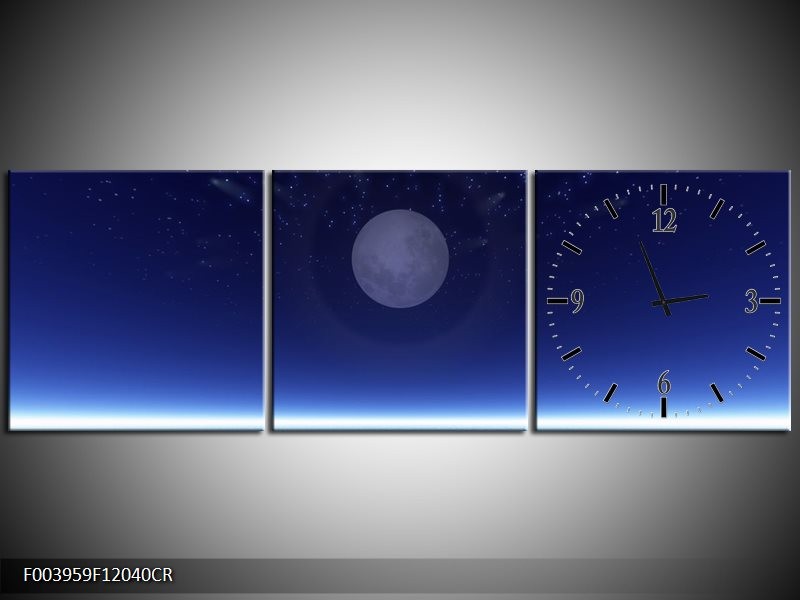 Klok schilderij Maan | Blauw, Wit, Grijs | 120x40cm 3Luik