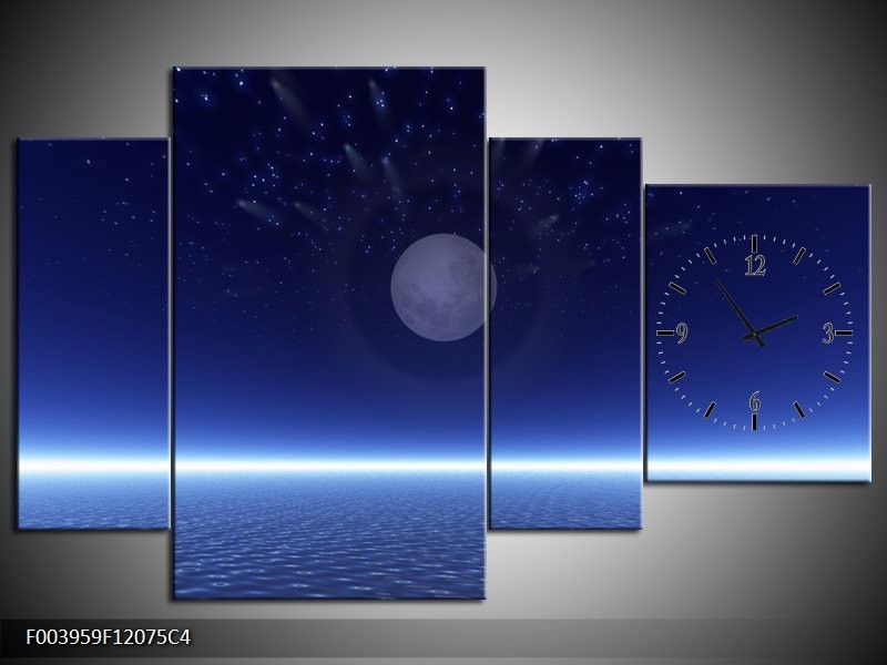 Klok schilderij Maan | Blauw, Wit, Grijs | 120x75cm 4Luik