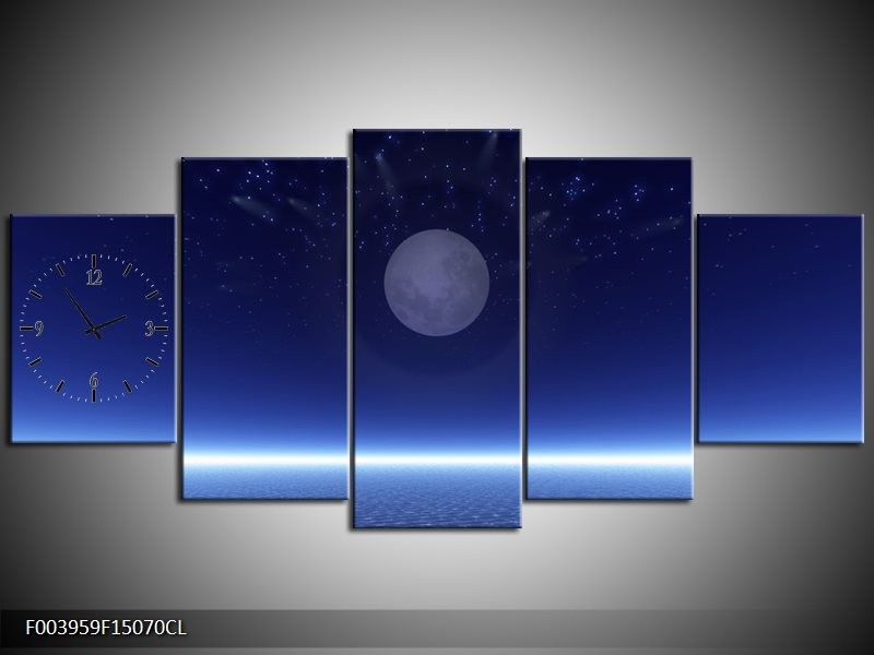 Klok schilderij Maan | Blauw, Wit, Grijs | 150x70cm 5Luik