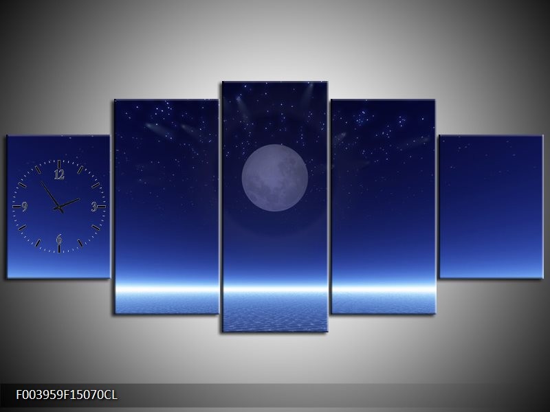 Klok schilderij Maan | Blauw, Wit, Grijs | 150x70cm 5Luik