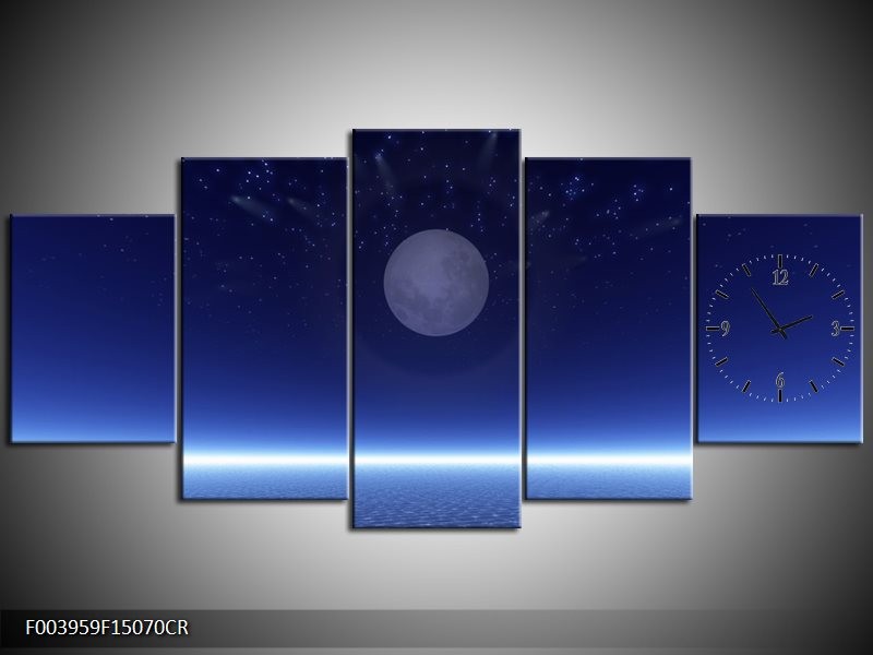 Klok schilderij Maan | Blauw, Wit, Grijs | 150x70cm 5Luik